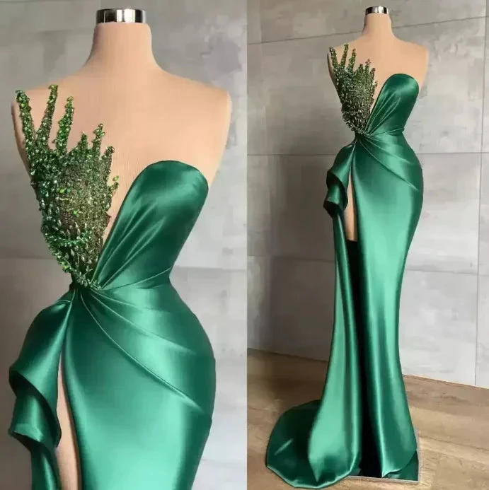 Biztunnel Green Long Mermaid Sweetheart Satin Beads Prom Dress with Slit by BIZTUNNEL