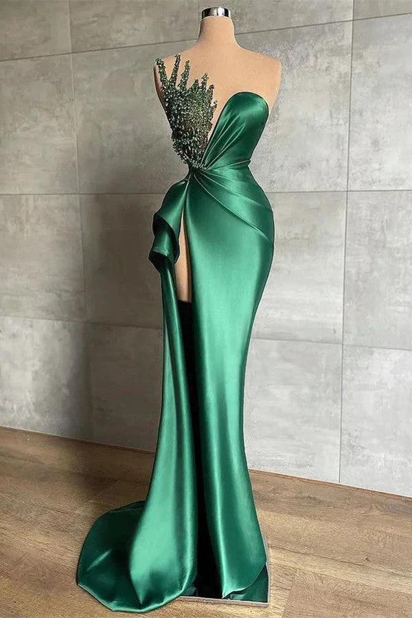 Biztunnel Green Long Mermaid Sweetheart Satin Beads Prom Dress with Slit by BIZTUNNEL