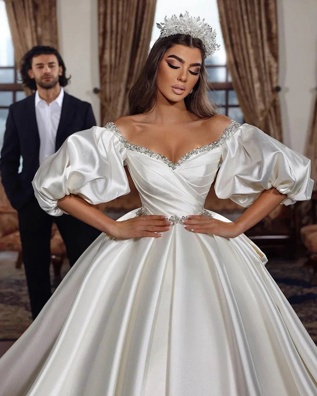 Biztunnel Ivory Long Ball Gown Off the Shoulder Satin Wedding Dress With Sleeves by BIZTUNNEL