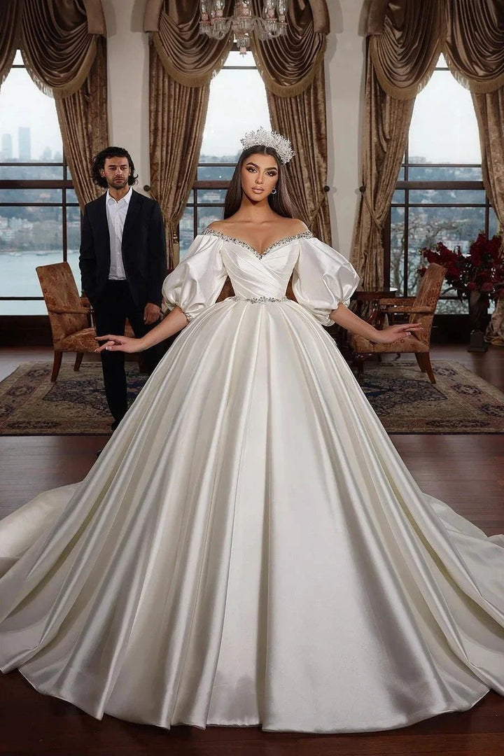 Biztunnel Ivory Long Ball Gown Off the Shoulder Satin Wedding Dress With Sleeves by BIZTUNNEL