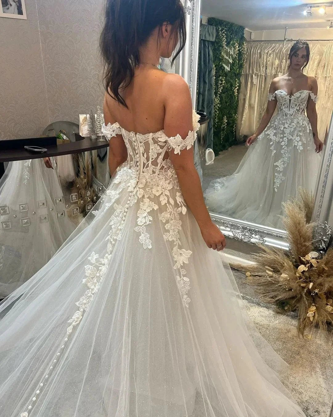 Biztunnel Long A-line Off the Shoulder Tulle Lace Wedding Dresses with Train by BIZTUNNEL