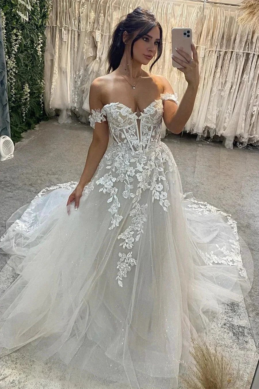 Biztunnel Long A-line Off the Shoulder Tulle Lace Wedding Dresses with Train by BIZTUNNEL