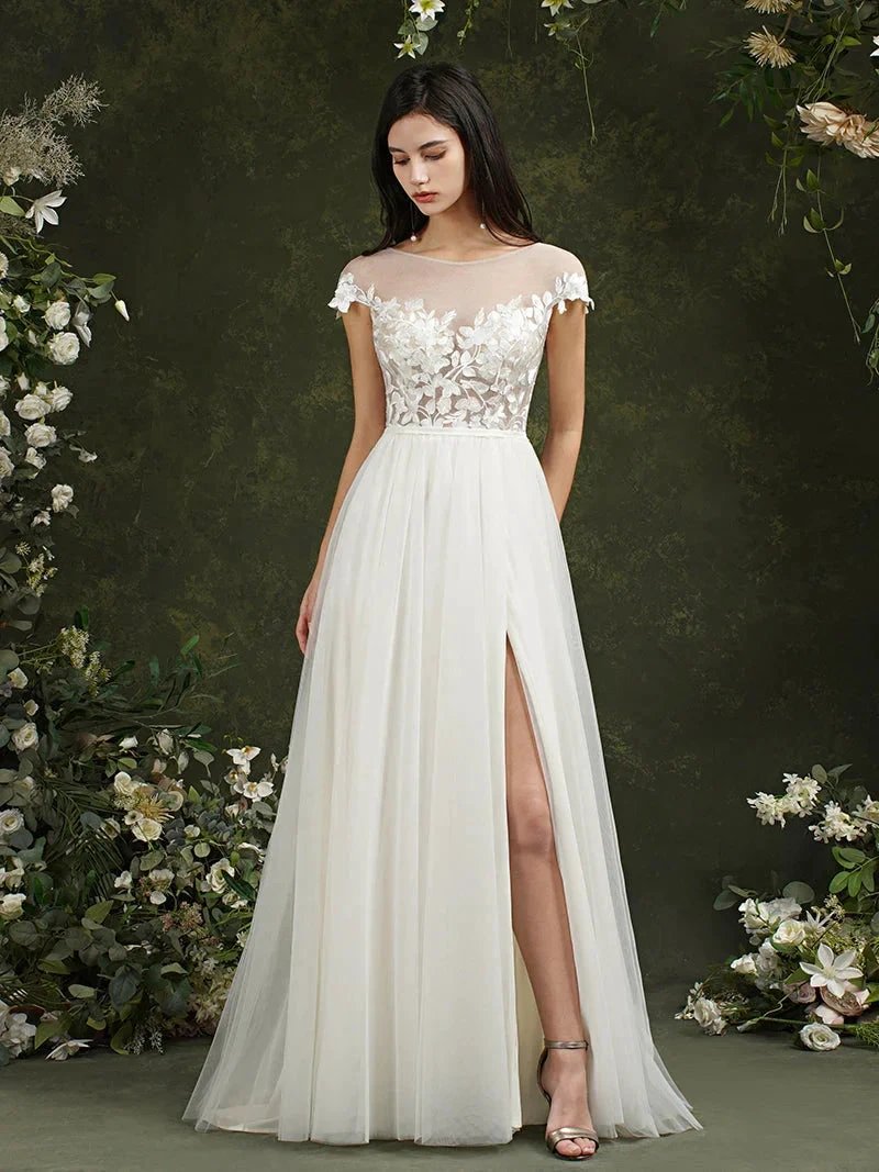 Biztunnel Long A-line Sweetheart Chiffon Lace Wedding Dresses with slit by BIZTUNNEL