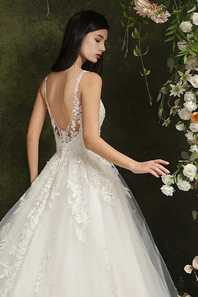Biztunnel Long A-line V-neck Tulle Lace Backless Wedding Dresses by BIZTUNNEL