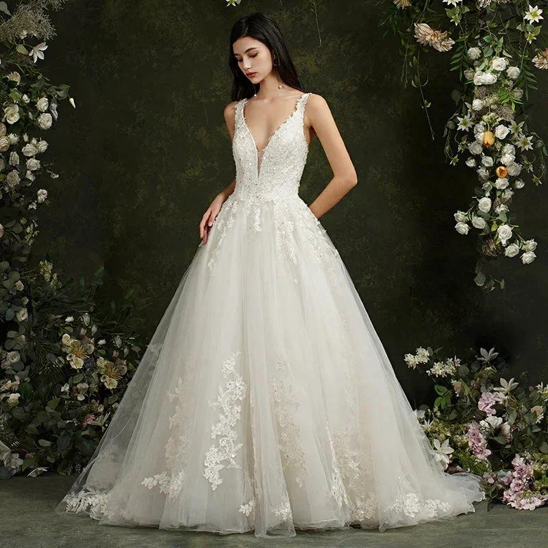 Biztunnel Long A-line V-neck Tulle Lace Backless Wedding Dresses by BIZTUNNEL