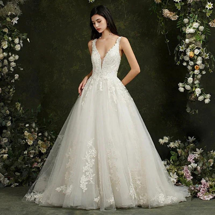 Biztunnel Long A-line V-neck Tulle Lace Backless Wedding Dresses by BIZTUNNEL