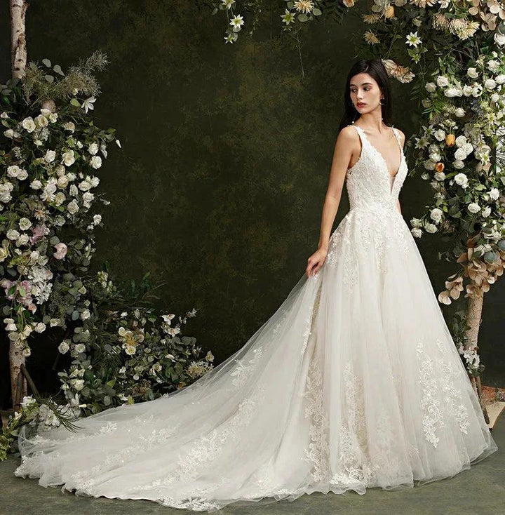 Biztunnel Long A-line V-neck Tulle Lace Backless Wedding Dresses by BIZTUNNEL