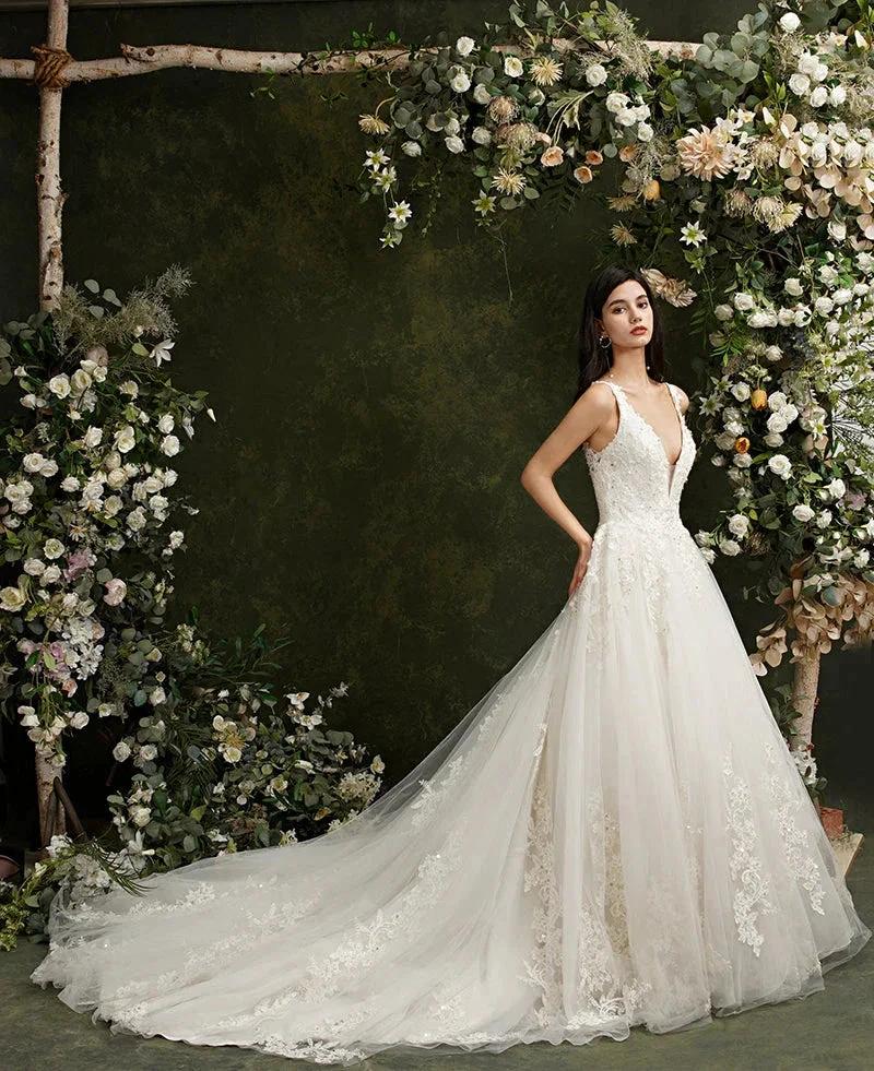 Biztunnel Long A-line V-neck Tulle Lace Backless Wedding Dresses by BIZTUNNEL