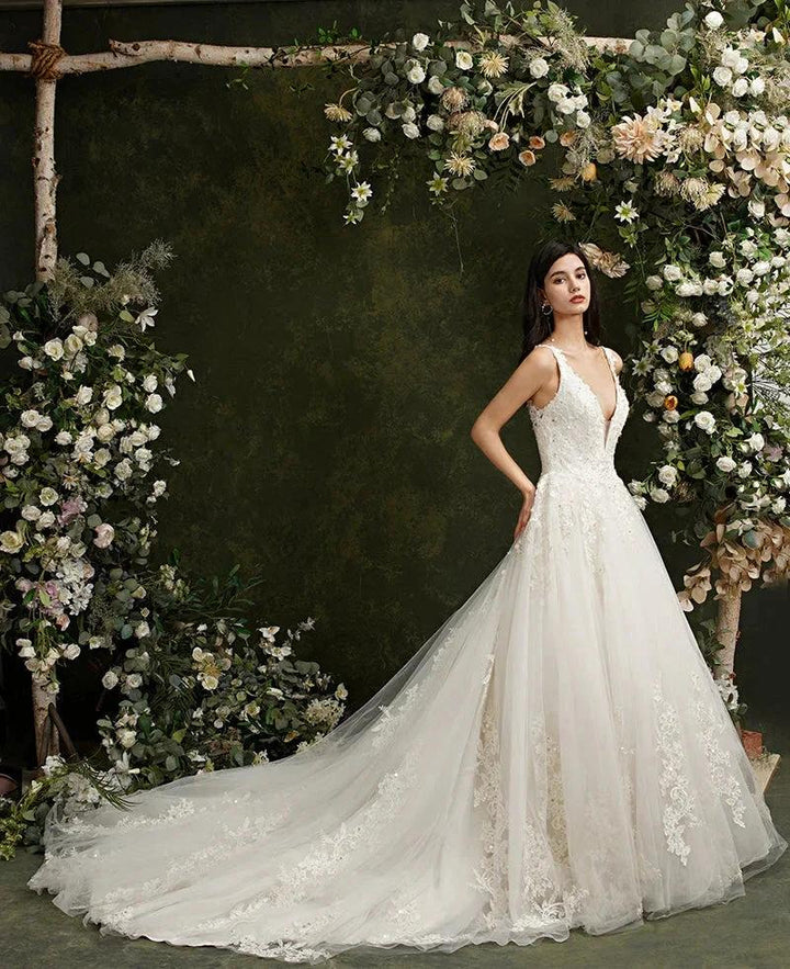 Biztunnel Long A-line V-neck Tulle Lace Backless Wedding Dresses by BIZTUNNEL