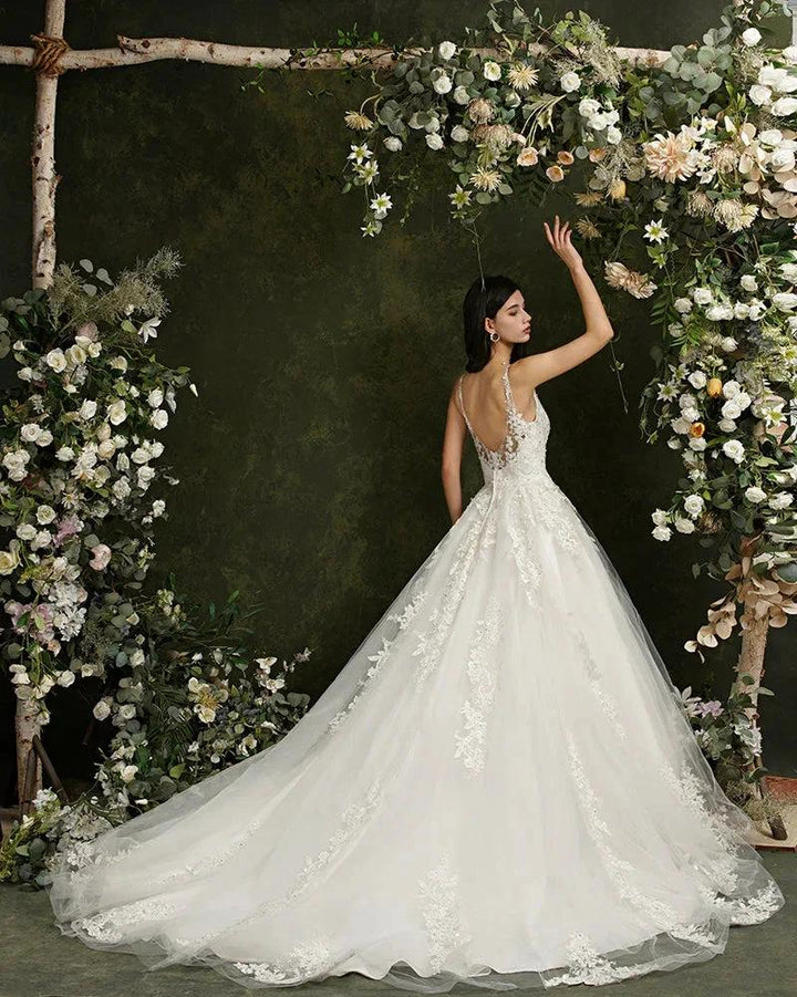 Biztunnel Long A-line V-neck Tulle Lace Backless Wedding Dresses by BIZTUNNEL
