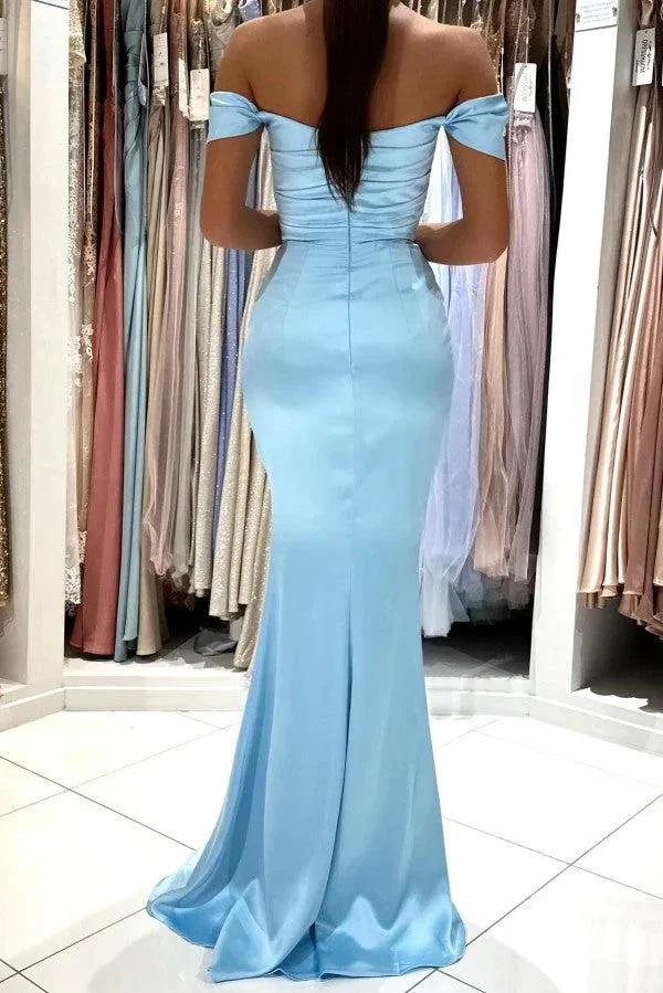 Biztunnel Simple Sky Blue Long Mermaid Off the Shoulder Satin Prom Dress with Slit by BIZTUNNEL