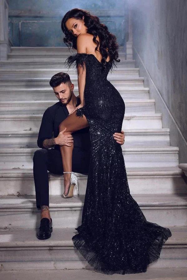 Biztunnel Stylish Black Mermaid Strapless Off the Shoulder Front Split Lace Prom Dress by BIZTUNNEL