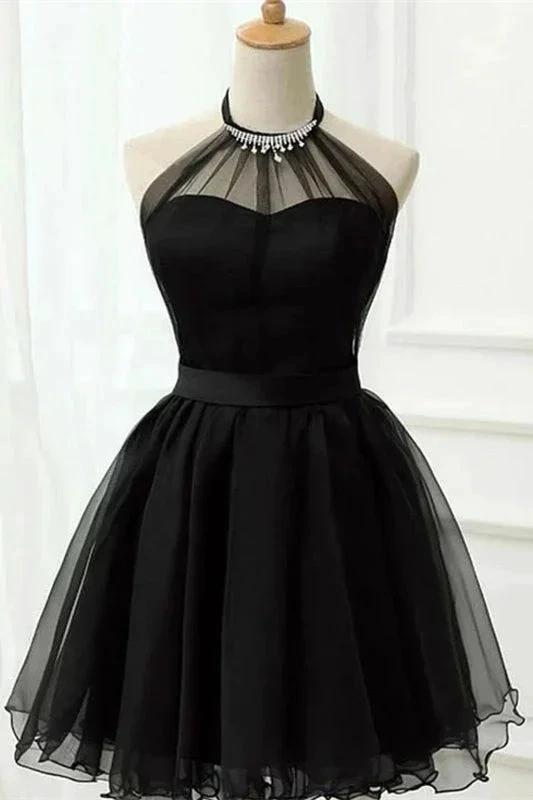 Black A-Line Tulle Halter Sleeveless Short Prom Dresses by misshow.com
