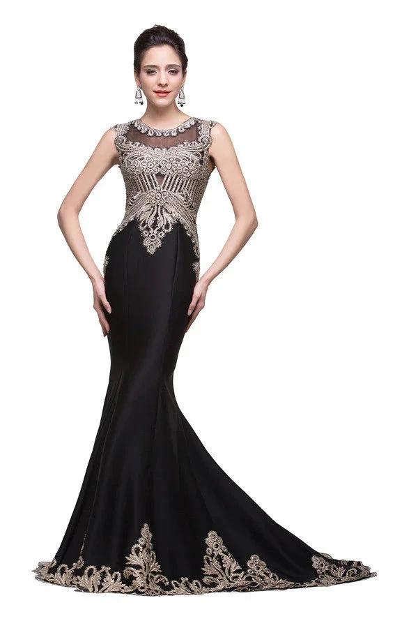 Black Crew Sweep-length Appliqued Mermaid Prom Dresses by misshow.com