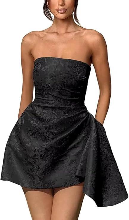 A-line Strapless Sleeveless Short Homecoming Dress Jacquard Satin Asymmetrical Lace up Party Dresses by Biztunnel