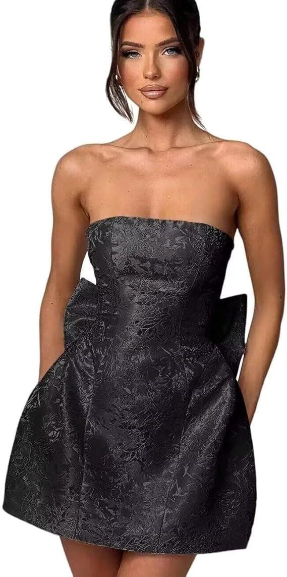 Strapless Short Ball Gown Homecoming Dress Sleeveless Lace up Jacquard Satin Party Dresses with Bow by Biztunnel