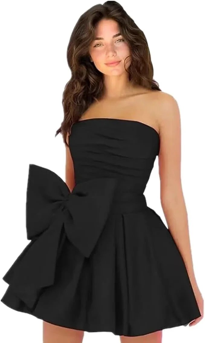 Chic Short Homecoming Dresses A-line Sleeveless Strapless Ruched Lace Up Party Dresses with Bow by Biztunnel