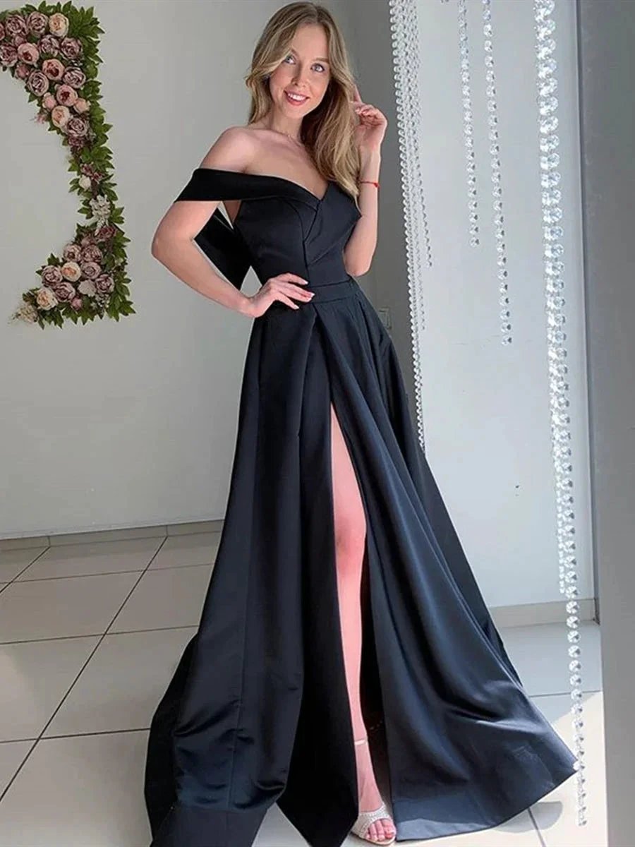 Black Long A-line Off the Shoulder Satin Formal Graduation Prom Dresses with Slit by BIZTUNNEL