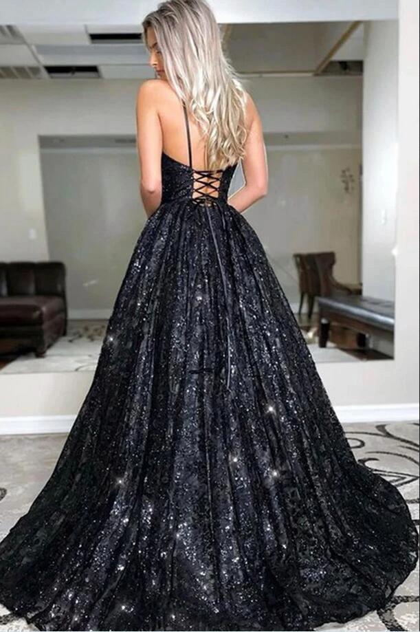 Black Long A-line Sweetheart Open Back Glitter Prom Dress by BIZTUNNEL