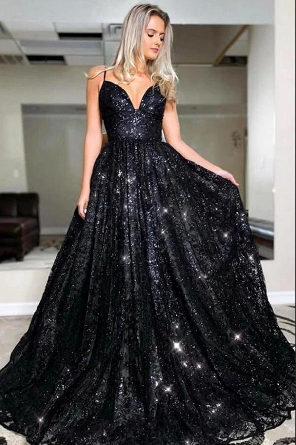 Black Long A-line Sweetheart Open Back Glitter Prom Dress by BIZTUNNEL