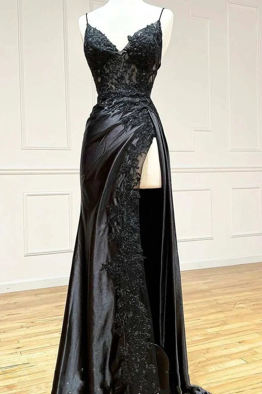 Black Long A-line V-neck Spaghetti Straps Lace Satin Formal Prom Dress With Slit by BIZTUNNEL