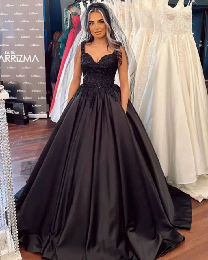 Black Long Ball Gown Sweetheart Satin Ruffles Wedding Dress by BIZTUNNEL