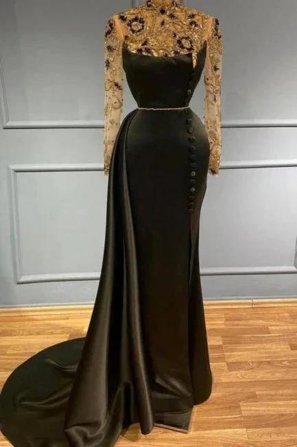 Black long evening dress with sleeves Prom dresses in glitter by misshow.com