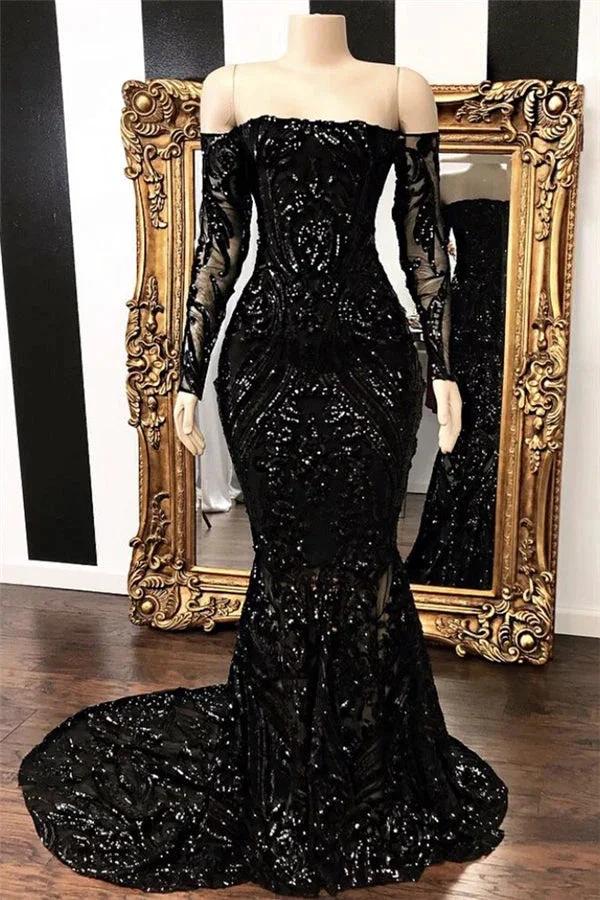 Black Long Mermaid Off the shoulder Prom Dresses with Sleeves by BIZTUNNEL