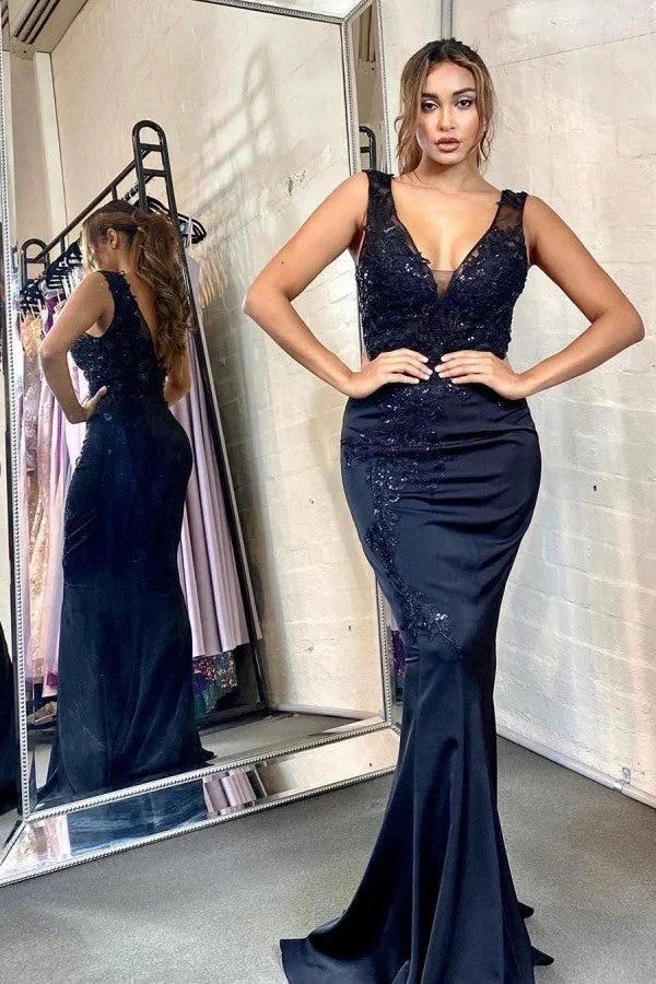 Black Long Mermaid V-neck Appliques Lace Satin Backless Prom Dress by BIZTUNNEL