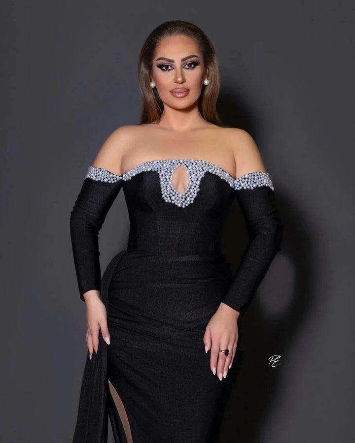 Black Long Sleeves Mermaid Off the Shoulder Satin Beads Formal Prom Dresses with Slit by BIZTUNNEL