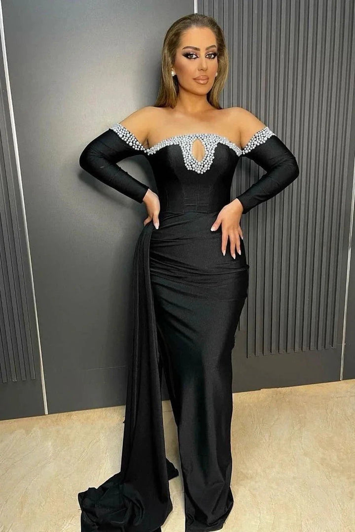 Black Long Sleeves Mermaid Off the Shoulder Satin Beads Formal Prom Dresses with Slit by BIZTUNNEL