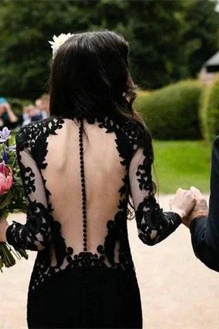 Abito da sposa nero a maniche lunghe a sirena con strascico spazzola