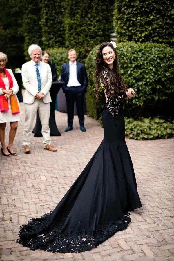 Black Long Sleeves Mermaid Wedding Dress with Sweep Train by misshow.com