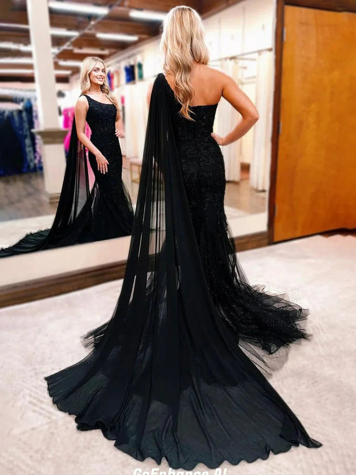 Black One Shoulder Appliques Mermaid Long Prom Dresses by Kissprom