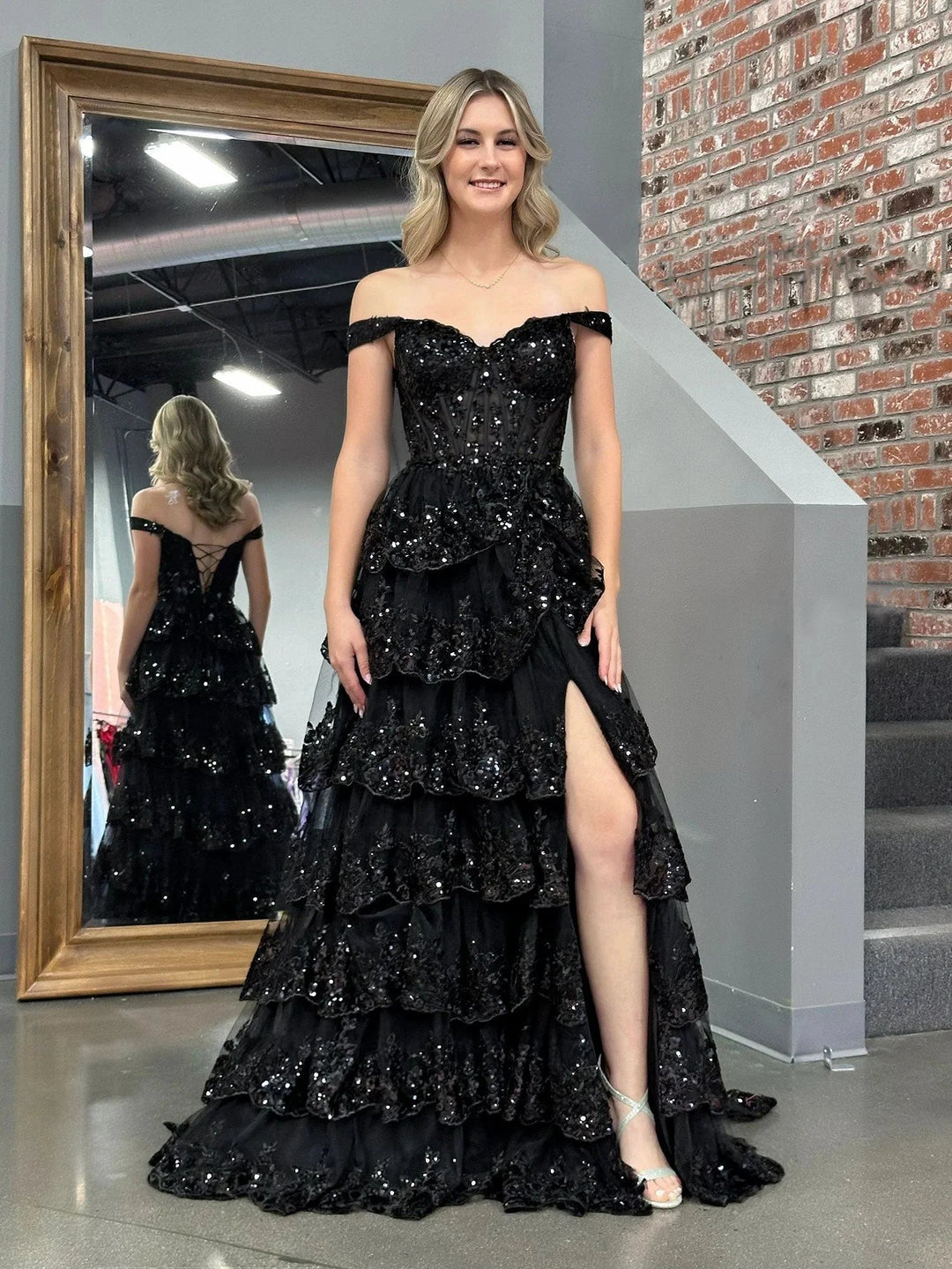 Black Princess A Line Off the Shoulder Corset Prom Dress with Lace Ruffles by KissProm