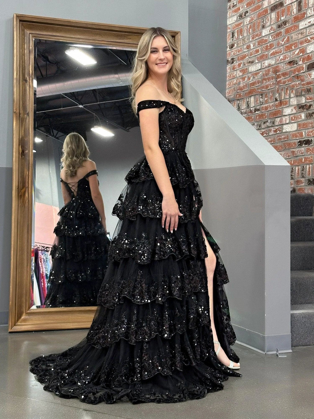 Black Princess A Line Off the Shoulder Corset Prom Dress with Lace Ruffles by KissProm