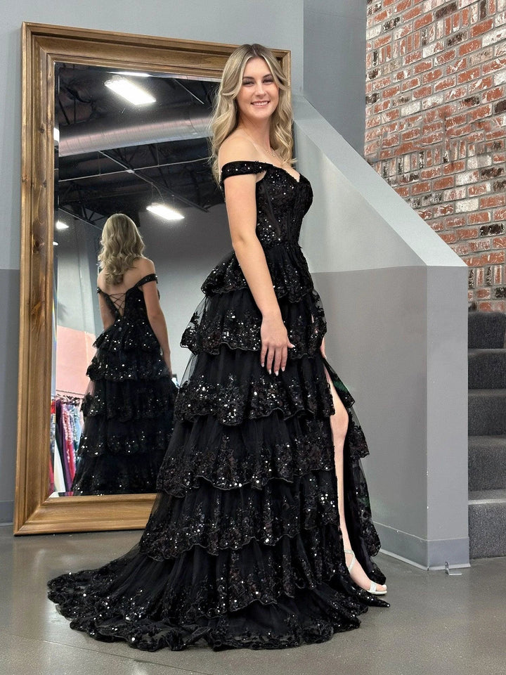 Black Princess A Line Off the Shoulder Corset Prom Dress with Lace Ruffles by KissProm