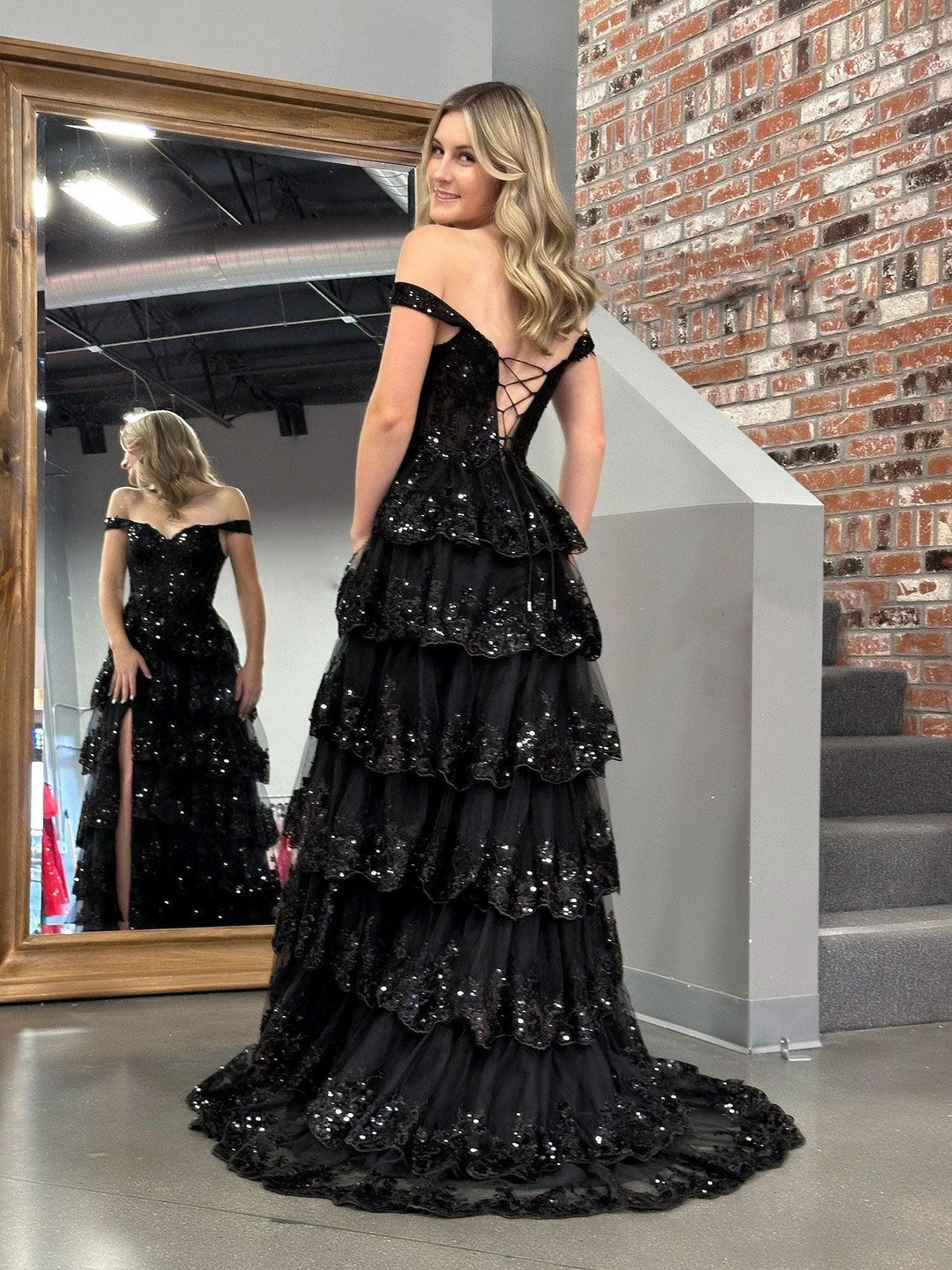 Black Princess A Line Off the Shoulder Corset Prom Dress with Lace Ruffles by KissProm