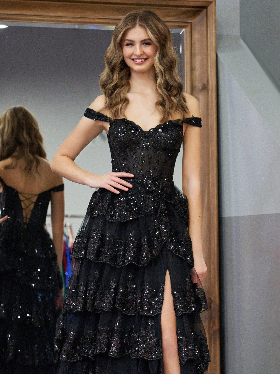 Black Princess A Line Off the Shoulder Corset Prom Dress with Lace Ruffles by KissProm