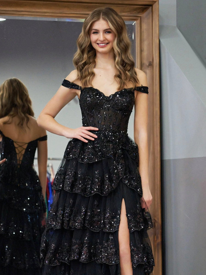 Black Princess A Line Off the Shoulder Corset Prom Dress with Lace Ruffles by KissProm