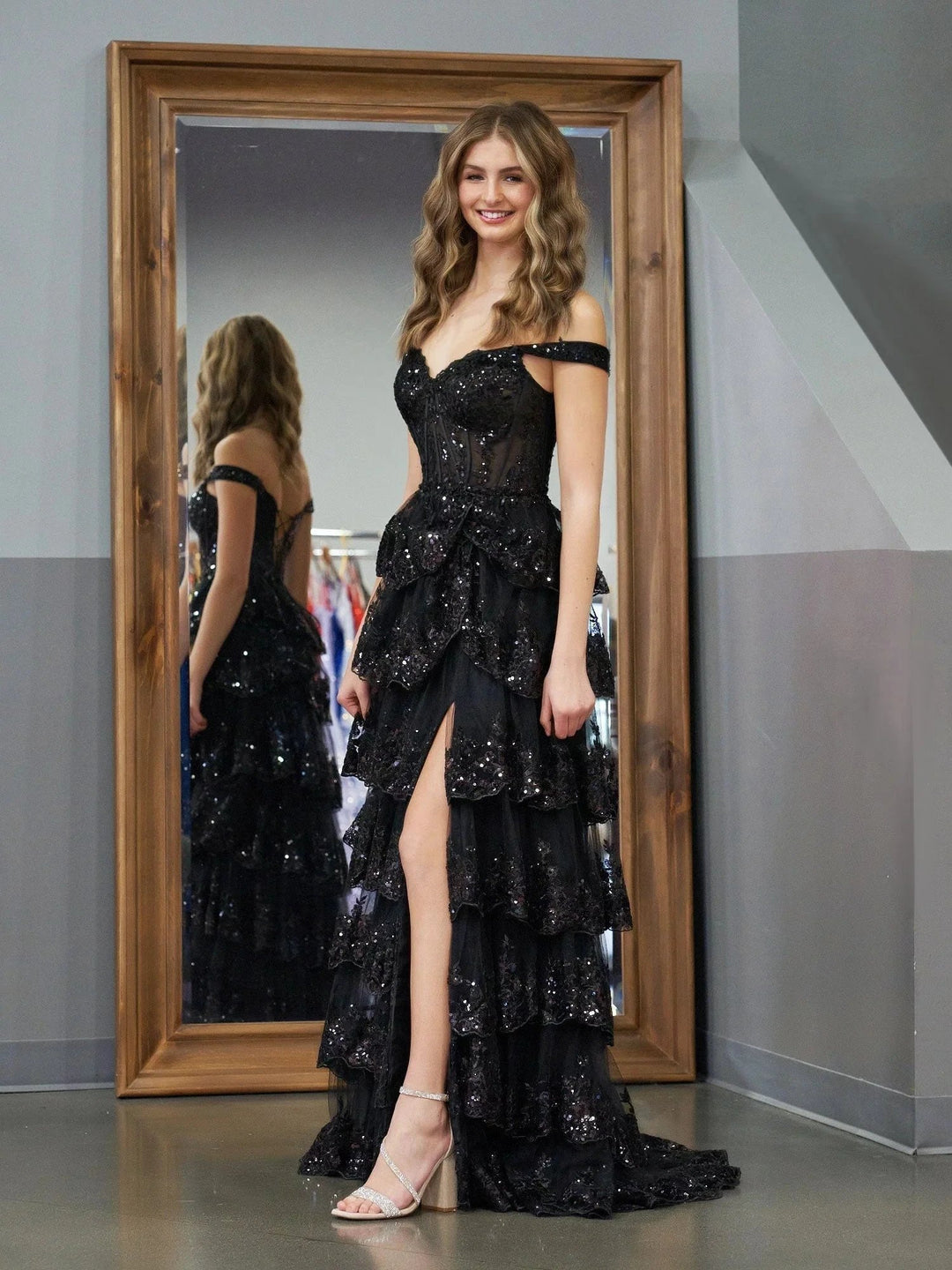 Black Princess A Line Off the Shoulder Corset Prom Dress with Lace Ruffles by KissProm