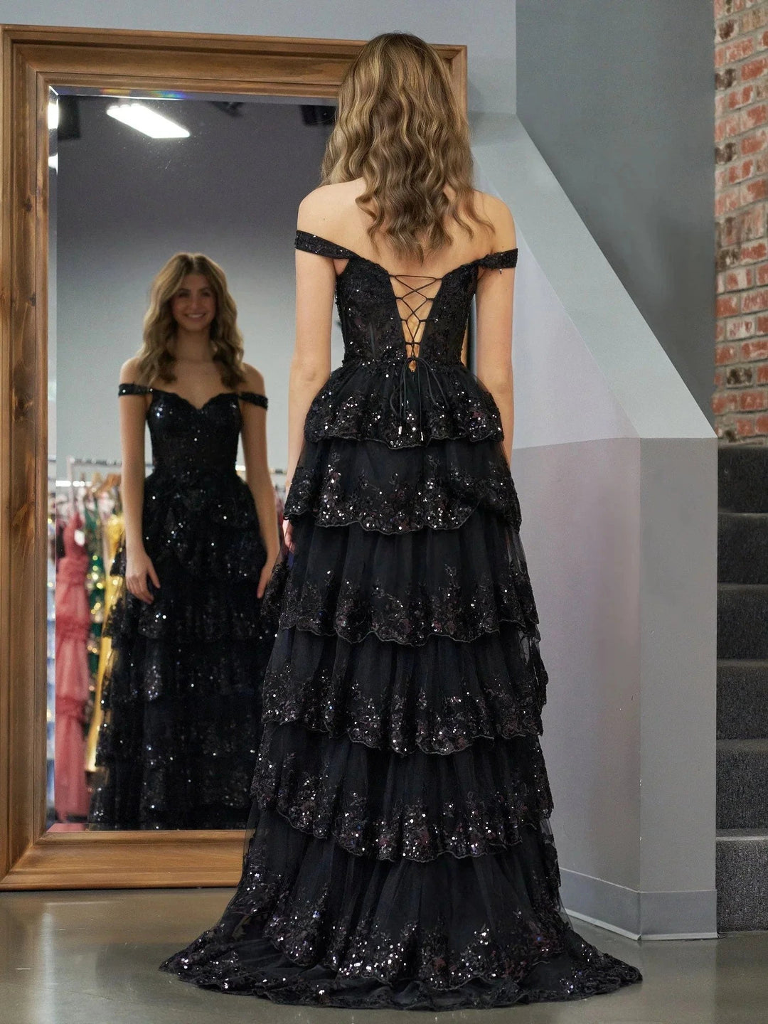 Black Princess A Line Off the Shoulder Corset Prom Dress with Lace Ruffles by KissProm