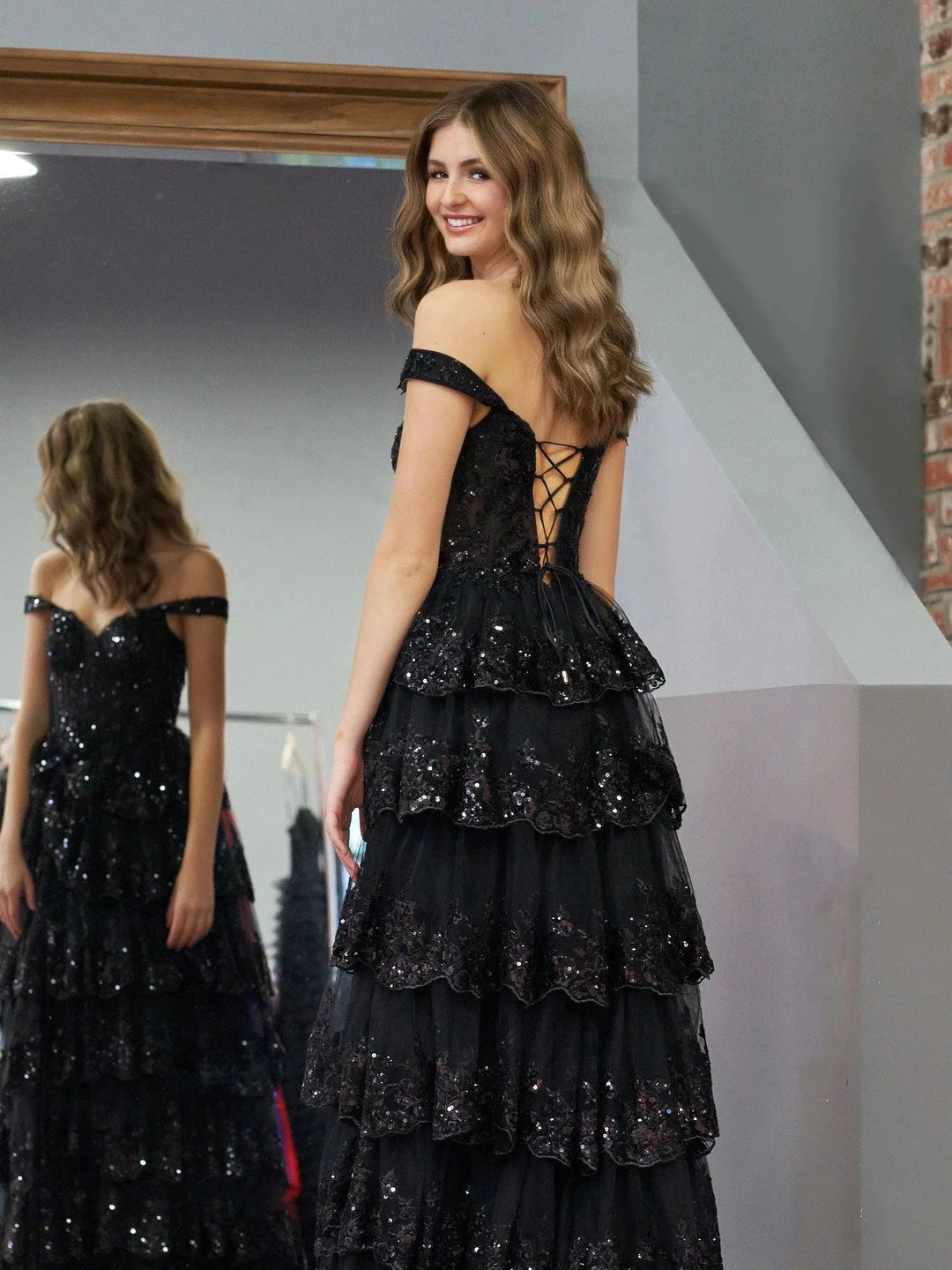 Black Princess A Line Off the Shoulder Corset Prom Dress with Lace Ruffles by KissProm