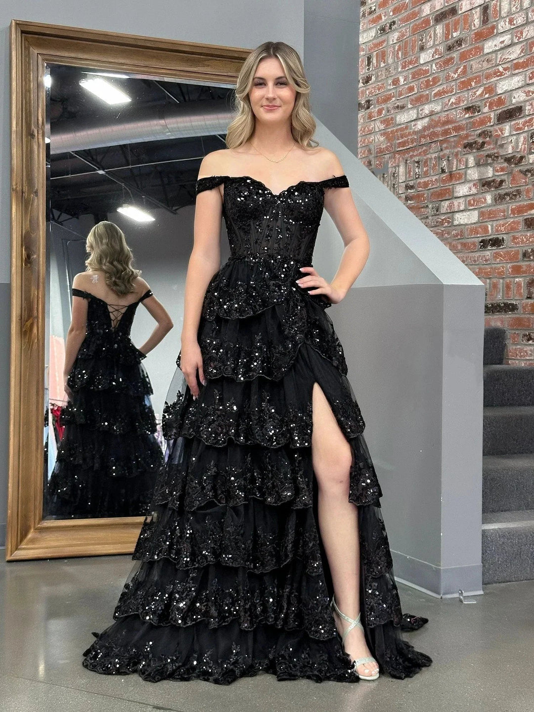 Black Princess A Line Off the Shoulder Corset Prom Dress with Lace Ruffles by KissProm