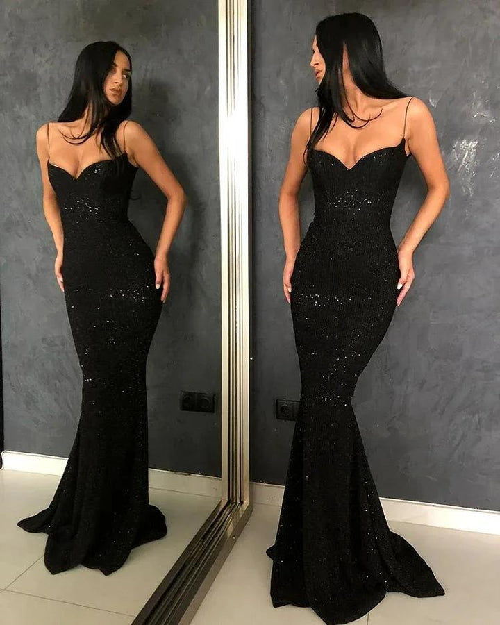 Black Sheath Spaghetti Straps Open Back Sequins Prom Dresses by misshow.com