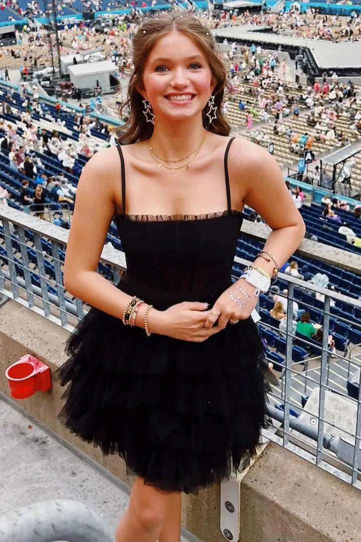 Black Spaghetti Straps Tulle Tiered Short Homecoming Dress by KissProm