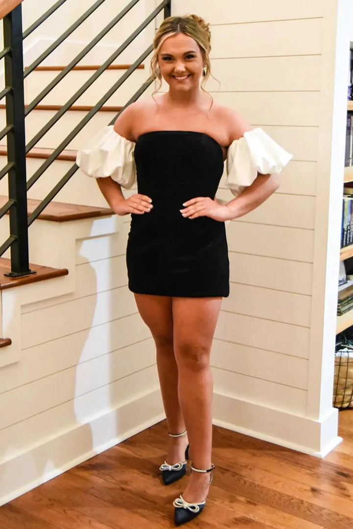Black Strapless Puff Sleeves Bodycon Short Homecoming Dress with Bow by KissProm