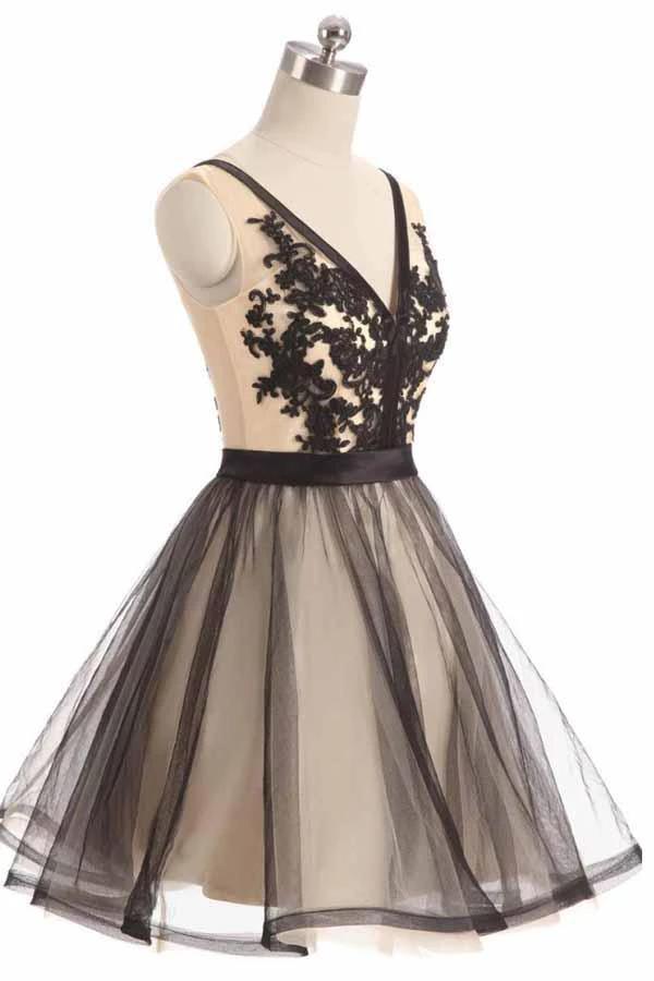 Black Tulle Lace V-neck Short Prom Dress Homecoming Dresses PD067 by pgmdress