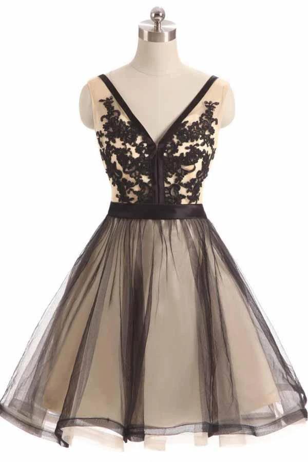 Black Tulle Lace V-neck Short Prom Dress Homecoming Dresses PD067 by pgmdress