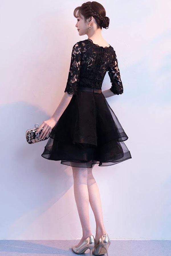 Black V Neck Lace Tulle Short Prom Dress Black Homecoming Dress PD150 by pgmdress